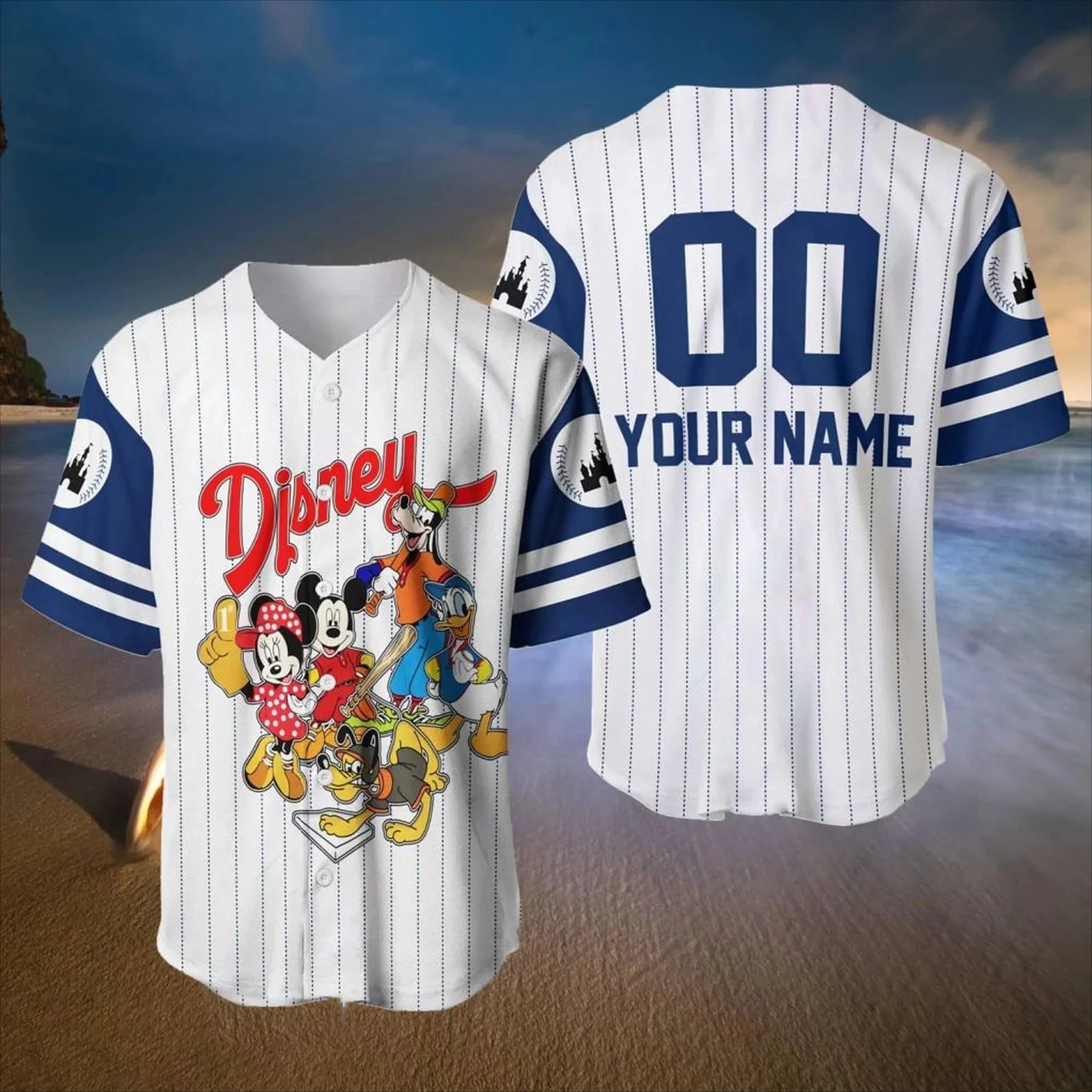 MINISO Disney White Red Baseball Men Women Jersey Donald Mickey Minnie Goofy Baseball Shirt 3D T-shirt Casual Sports Jersey