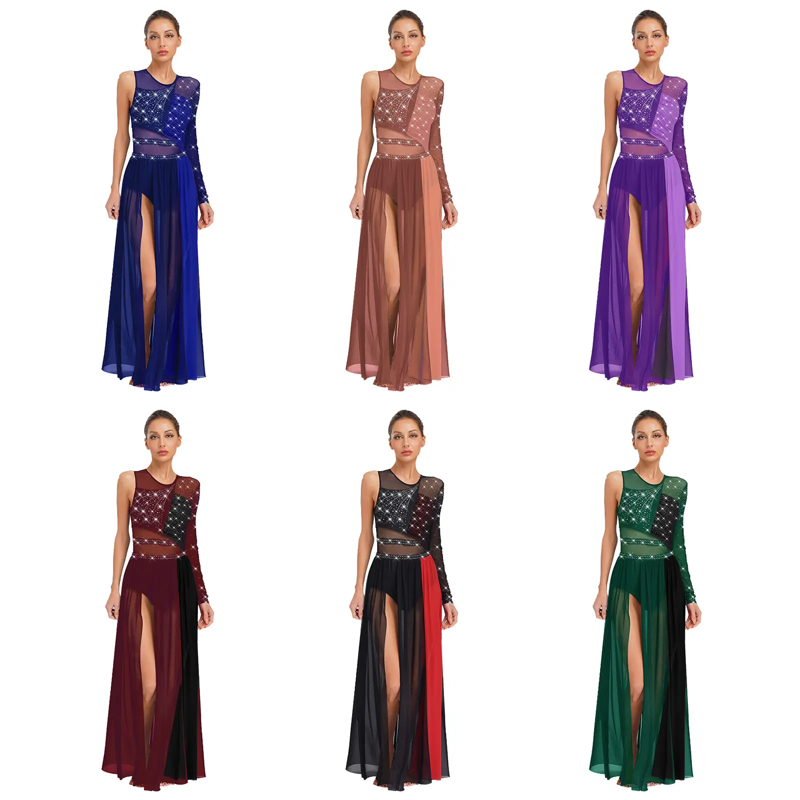 فستان رقص غنائي معاصر للنساء مرصع بأحجار الراين وفتحة جانبية فستان شبكي لأداء المسرح لحفلات الرقص على الجليد #4