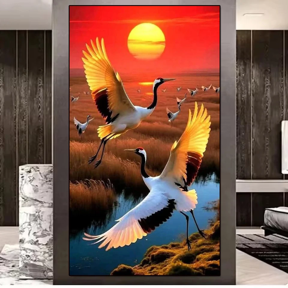 5D Diamond Painting Kit Oriental Two Red Crowned Cranes Sunset Marsh River Scenery Full Diamond Art Living Room Wall Decoration