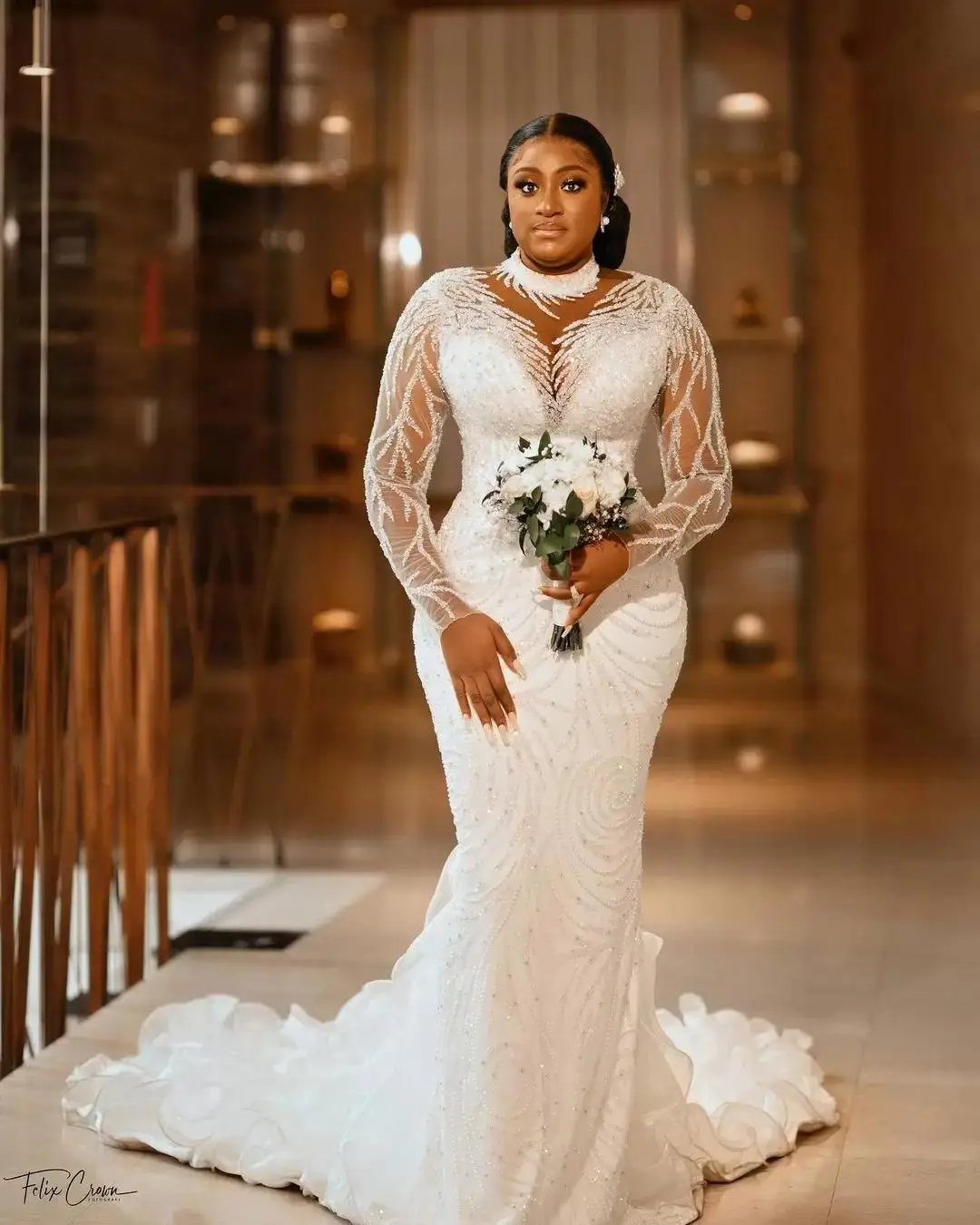 Plus Size Arabic Aso Ebi Sheer Neck Mermaid Wedding  Long Sleeves Sexy Bridal Gowns Dresses