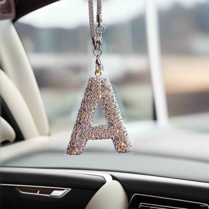 New 1PC Rhinestone Letter Car Rearview Mirror Pendant Crystal Car Decoration Bling Accessory Dangling Creative Shiny Charm