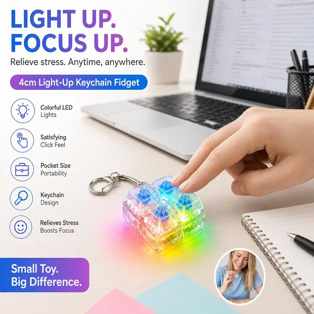 Keyboard Style Fidget Toys LED Clear Keycap Keychain Stress Relief Fingertip Gadget Decompression Toys Clicker Fidget Toy