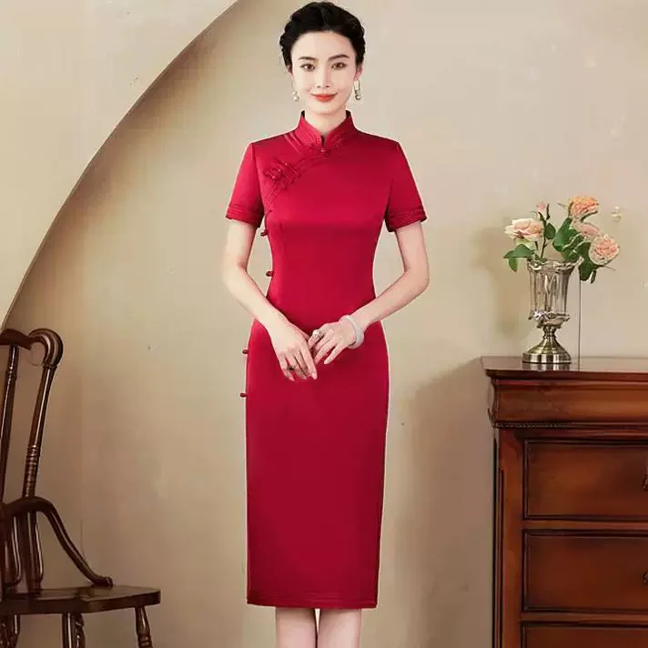 

Red High-End Quality Real Silk Cheongsam Qipao Summer Women's Wedding Reception Clothes Chinese Dress Chi-Pao