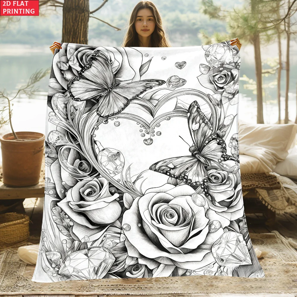 1pc 2D Flat HD Line‑Art Frame with Heart, Butterfly and Rose Printed Throw Blanket, Soft Warm All‑Season Blanket for  Camping