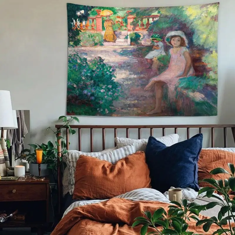 VIKAMA Vintage Impressionist Garden Tapestry Wall Hanging Pink Dress Flowers Oil Painting Aesthetic Wall Art Bedroom Dorm Decor