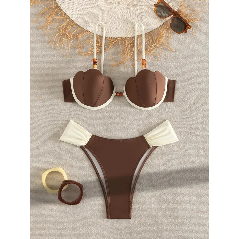 Sexy Coffee Contrast Ruffles Thong Bikini Set Women Hollow Out Push Up Underwire Bra Swimwear 2026 Summer Bathing Suit Swimsuit