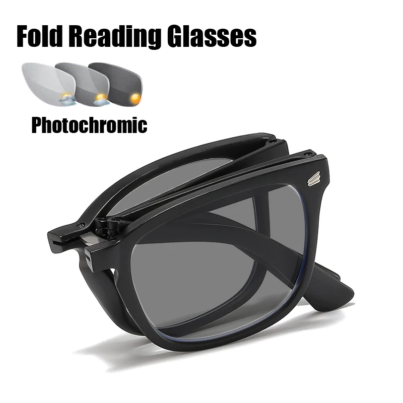 

Folding Photochromic Sun Glasses Women Men Vintage Color Changing Square Reading Glasses Outdoor Portable Finished Presbyopia