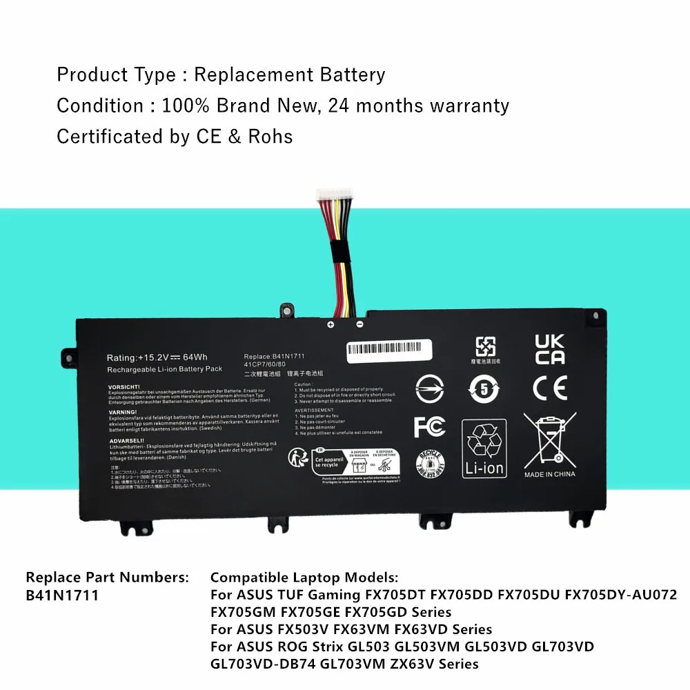 Laptop Battery For Asus B41N1711 TUF Gaming FX705DT FX705DD FX705DU FX705GE FX705GD FX503V ROG Strix GL503 GL503VM GL503VD
