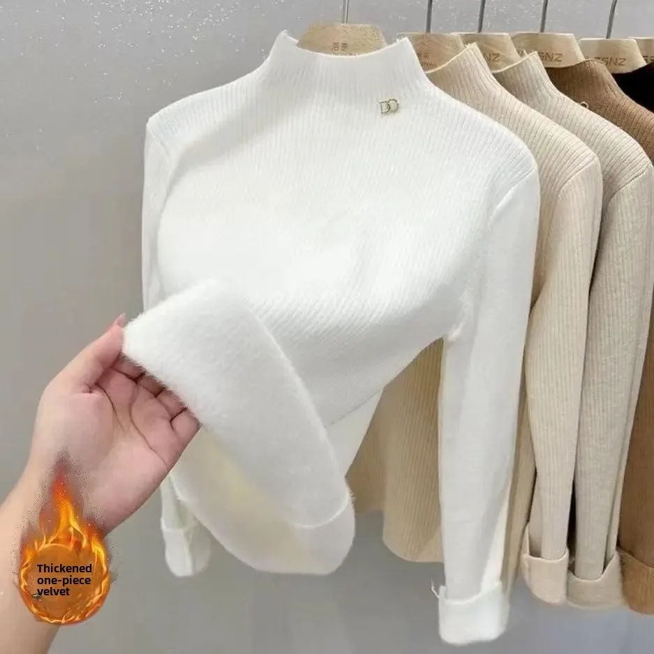 女性のフリース裏地付き厚手ニットハーフハイカラーセーターインナーウェア秋冬新スタイルベースシャツトップ