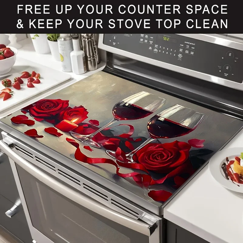 Elegant Rose Wine Candle Stove Top Cover, Waterproof Kitchen Stove Mat, Protective Pad for Gas Range, Luxurious Kitchen Decor