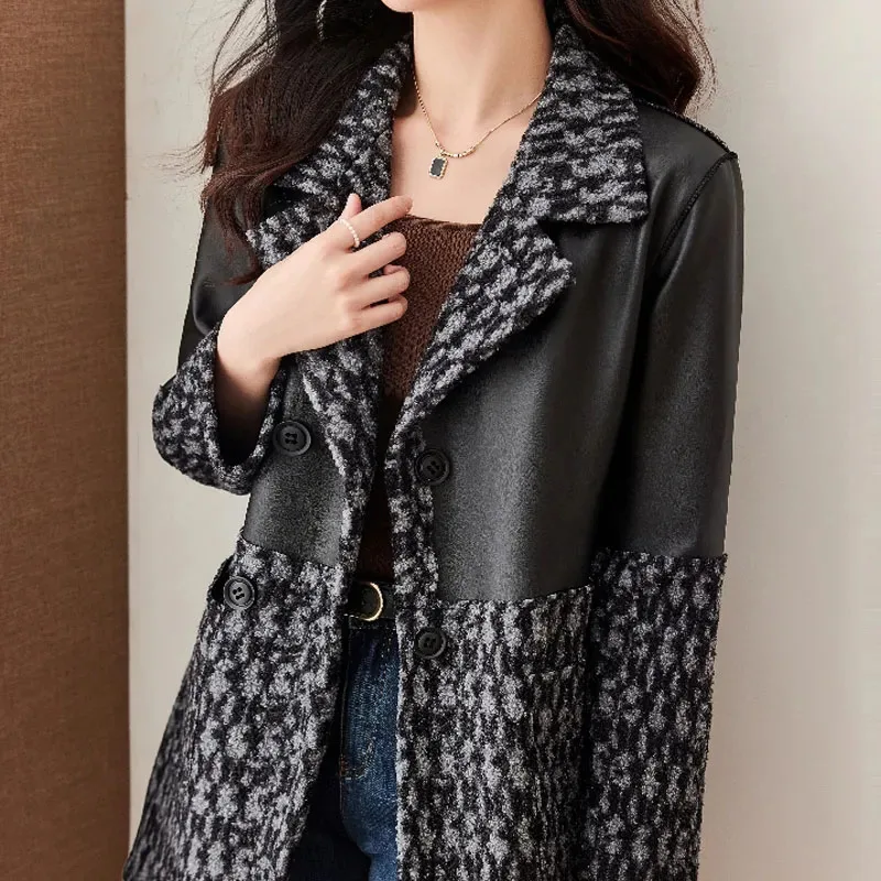 PU Leather Jacket for Women, Long Double-Sided Leather Dress, Splicing Trench Coat, Female Casual Motorcycle Jacket, New Fashion