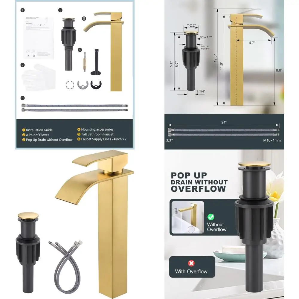 

Single Hole Brushed Gold Tall Bathroom Faucet with Single Handle, Waterfall Spout, Pop-Up Drain, and cUPC Supply Lines