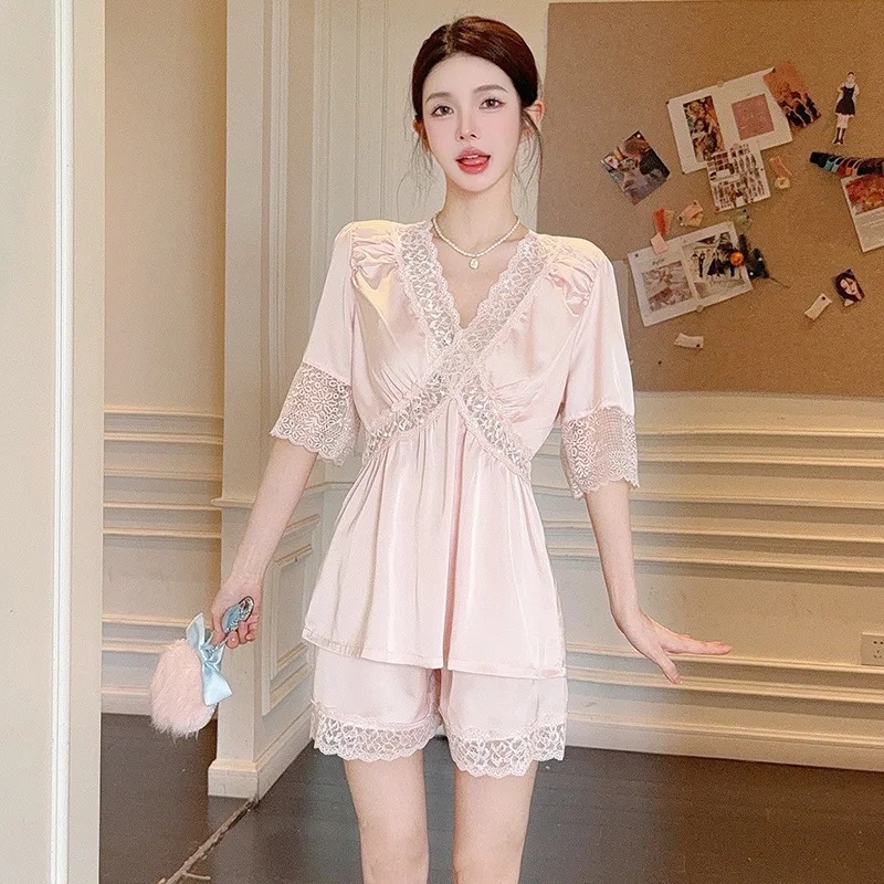 

Two Pieces Pyjamas Set Women Summer Short Sleeve Shirt&Pants Pajamas Suit Home Clothing V-Neck Rayon Sleepwear Loungewear