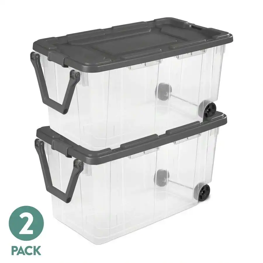 160 Quart Wheeled Stacker, Extra Large Durable Clear Bin, Latch Lid And Pull Handle, Gray, 2 Count