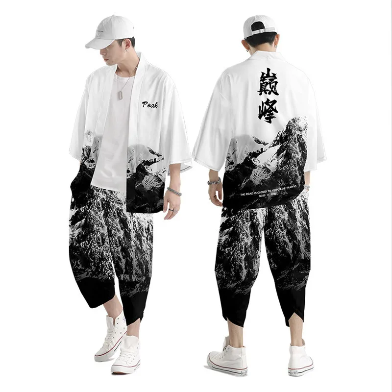 

Japanese Traditional Clothing Peak Print Kimono Pants Men Retro Yukata Asian Fashion Tang Suit Harajuku Hanfu Yukata Jacket