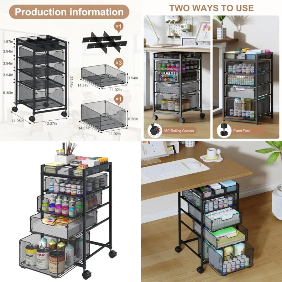 

Rolling Utility Cart with 4 Drawers Craft Organizer and Storage Carts with DIY Divider Lockable Wheels Storage Organizer for Ar