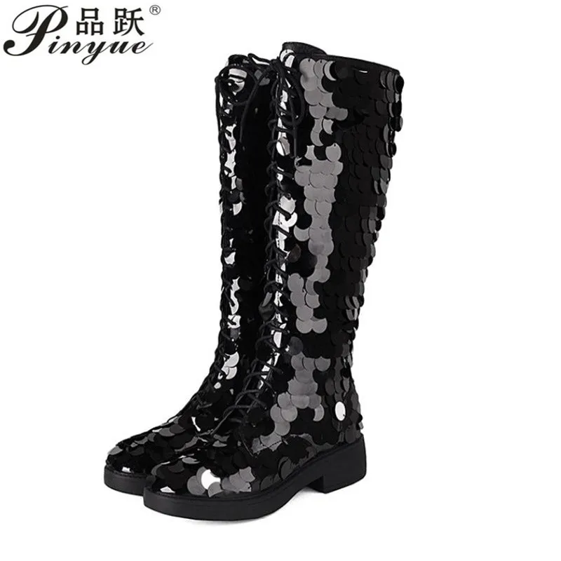 

4.5cm Women's New Round Head Lace up Sequin Thick Bottom Large and Calf High Barrel Mid heeltin Stage nightclub party booties