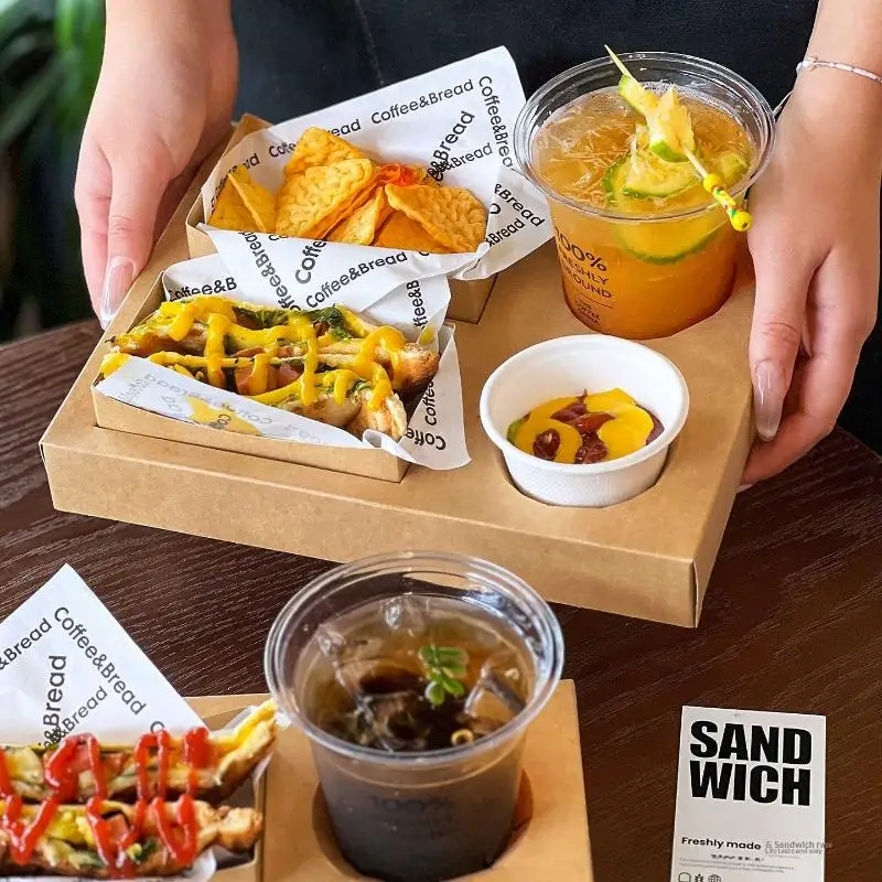 10Pcs Kraft Paper Picnic Spring Outing Food Box Commercial Pack For Hamburger Snack Juice Beverage Tray.