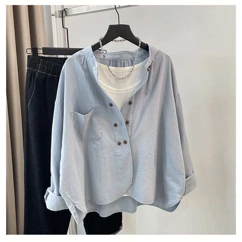

Japanese Long-sleeved Shirt Stand Collar Retro Solid Spring Autumn New Loose Casual Top Pure Cotton
