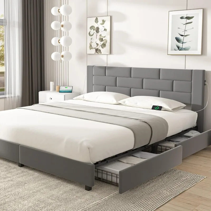 

Каркас мягкой кровати King с USB-портами, бархатная кровать-платформа с 4 ящиками для хранения и изголовьем, рейки из массива дерева, нет