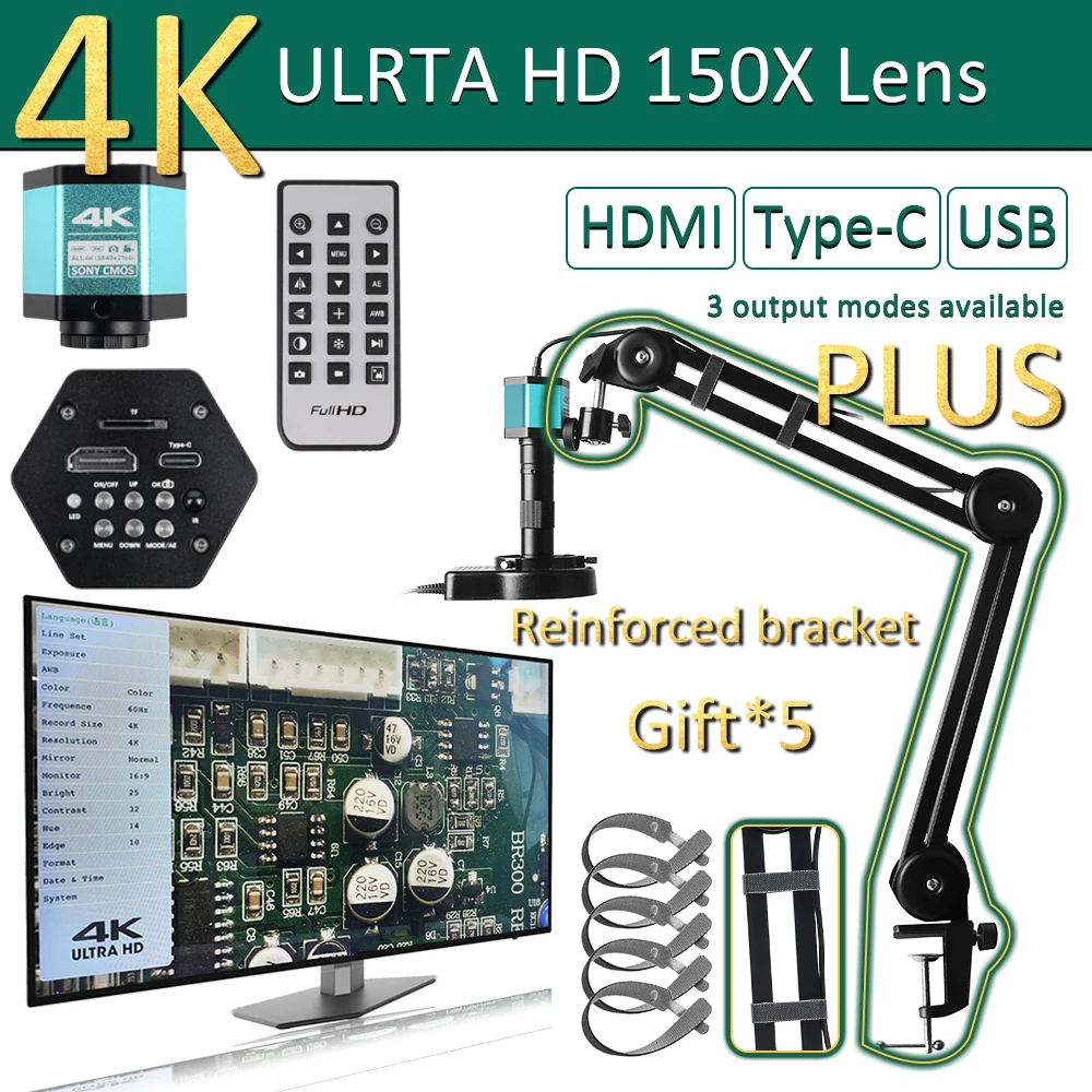 HD 4K Electron Microscope For Soldering 48MP HDMI USB Digital Camera Sony Sensor 150X Lens Reinforced Bracket Reduces Vibration