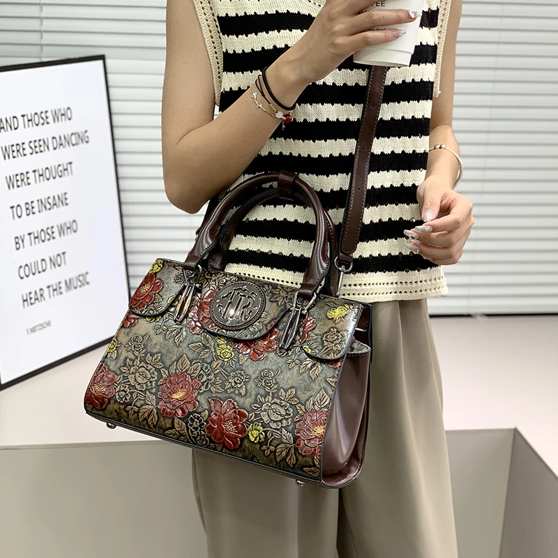 Vintage 3D Embossed Floral Crossbody Bag for Women, Retro Carved Flower Top-Handle Satchel with Metal Badge, Vegan PU Leather