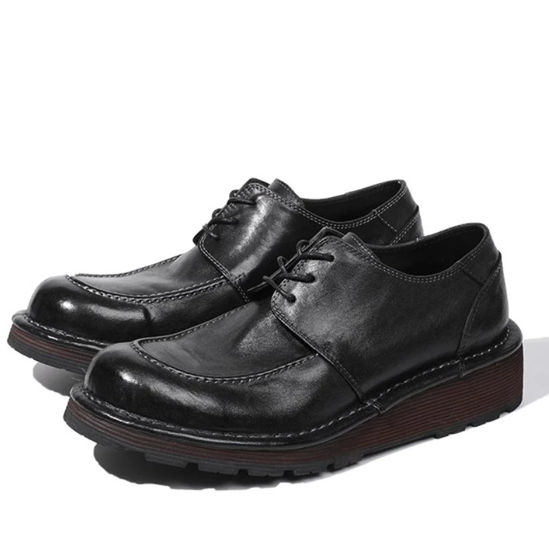 Men's British Business Retro Comfortable Round Head Thick-soled Derby Shoes High-end Washed Horsehide Handmade Casual Shoes for
