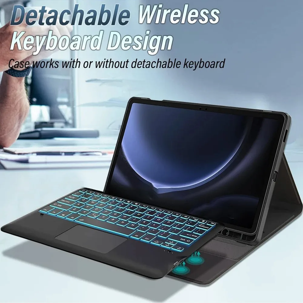 Backlit Keyboard Case For Samsung Galaxy Tab S10+ S9 FE Plus S9+ 2023 12.4 Inch Detachable Leather Case Cover For Tab S7 S8Plus