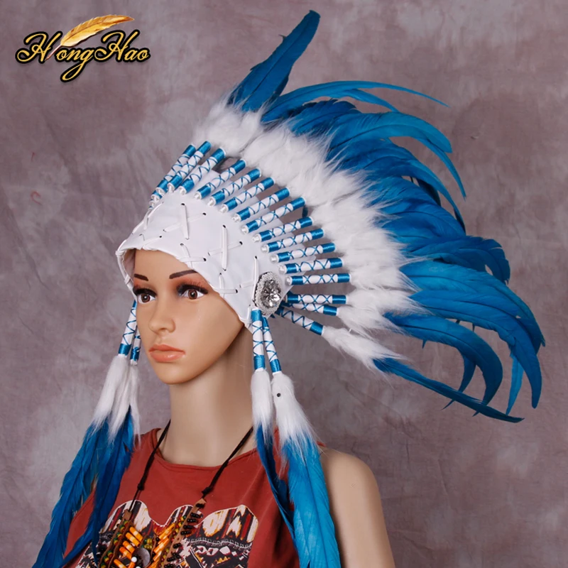 Blue Indian feather headdress feathered costume Indian chief feather war bonnet halloween costume