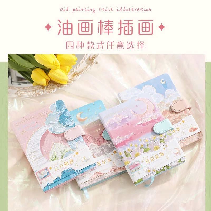Artistic Hand Drawn Oil Painting Illustration Notebook, PU Magnetic Buckle Notebook with Multifunctional Color Pages