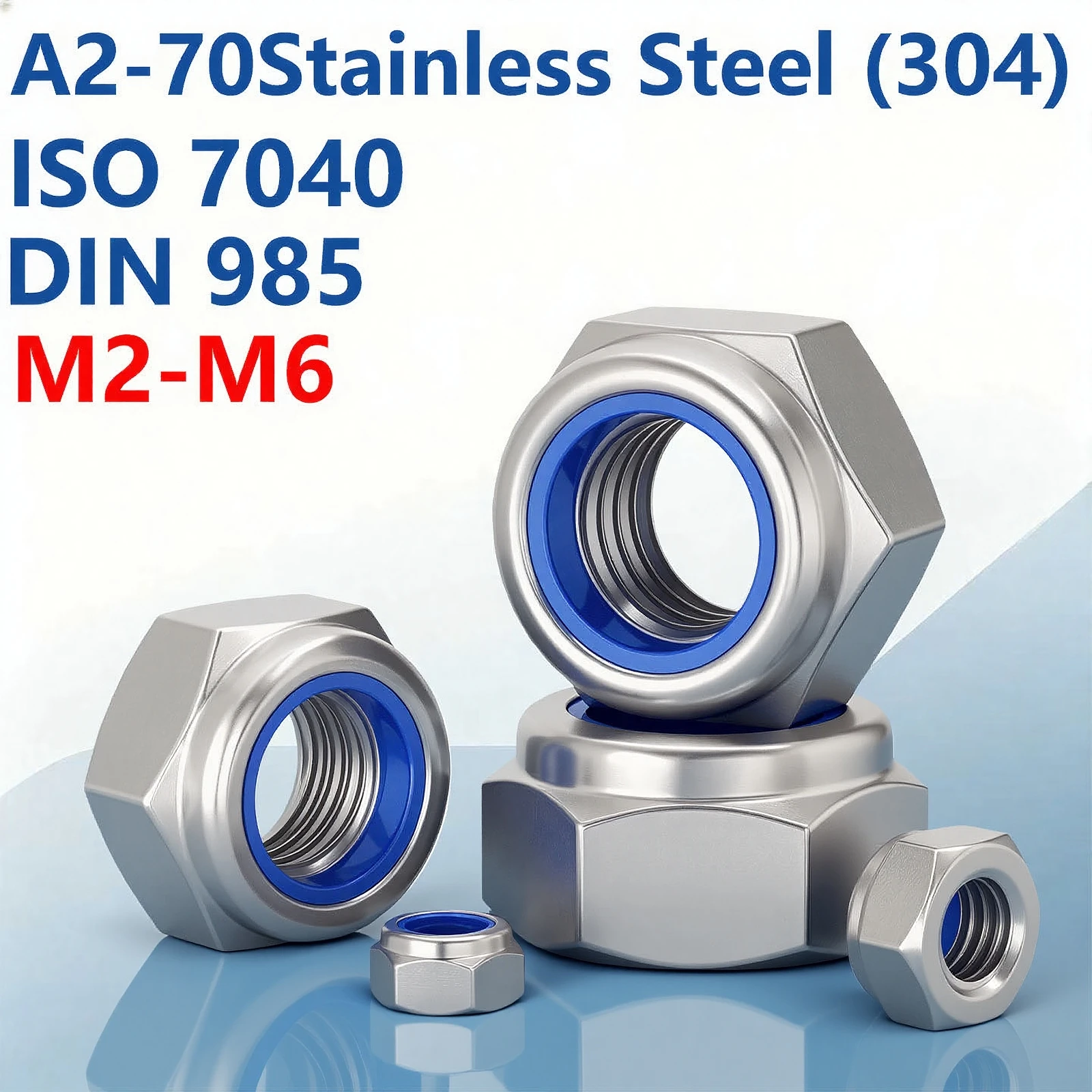 DIN 985  ISO 7040 Nylon Insert Lock Nut A2-70 Stainless Steel 304 Hex Nut M2-M30 Various Sizes Available Hardware Fasteners