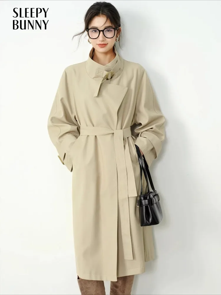 Vintage Stand Collar Trench Coat Classic British Long Overcoat Loose Fit Mid-Length Outerwear for Women Autumn Winter Commuting
