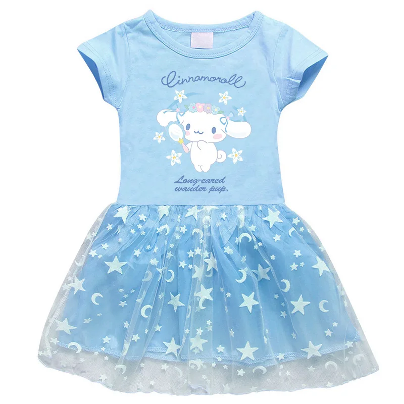 Kawaii Anime Sanrios Hello Kittys Cinnamoroll Girls Short Sleeve Dress Child Cartoon Mesh Skirt Summer Cute Princess Dress Gift