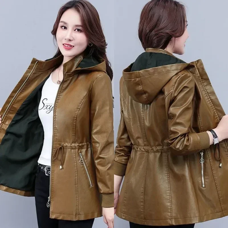 Autumn  and Winter Leather Jacket Women Dismantle Hooded Coat Fleece Thicken PU Leather Overcoat Female Drawstring Windbreakers