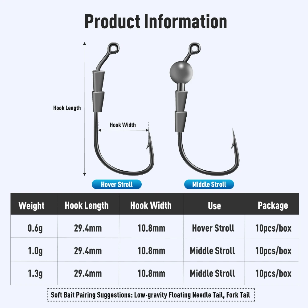 Kingdom 10pcs Hover Strolling Hooks 0.6g 1g 1.3g High Carbon Steel Jig Head Hook Bass Trout Fishing Tackle Accessories Hook