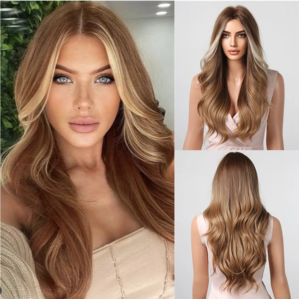 ALAN EATON Long Brown Synthetic Wigs Ombre Hair with Highlight Brown Body Wavy Daily Wig Soft Fluffy High Temperature Party Use