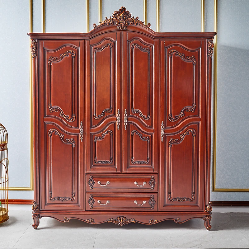 European solid wood wardrobe American villa carved luxury bedroom vintage two-door three-door four-door storage wardrobe