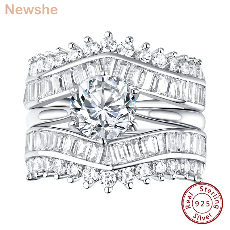 Newshe Solid 925 Silver Solitaire Round Cut Engagement Ring Set Guard Wedding Band Enhancers for Women CZ Simulated Diamond