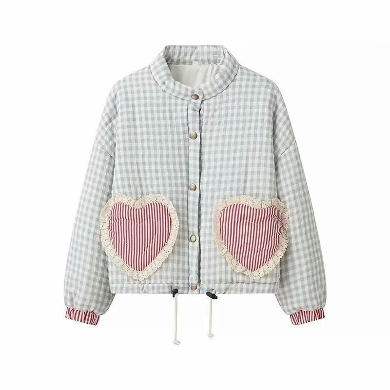 Topenomi Sweet Plaid Parkas Jacket Women Fashion Stand Collar Patchwork Lace Love Chic Quilted Coat Winter Warm Long Sleeve Tops