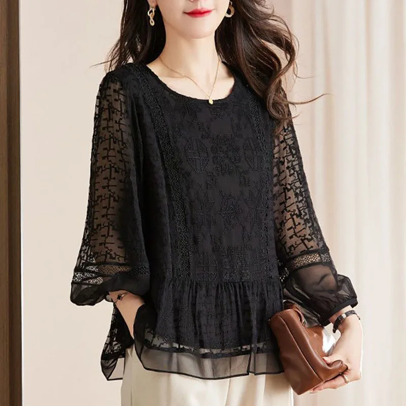 Elegant O-Neck Loose Embroidery Lantern Sleeve Blouse Women\'s Clothing 2023 Autumn New Oversized Casual Tops Office Lady Shirt