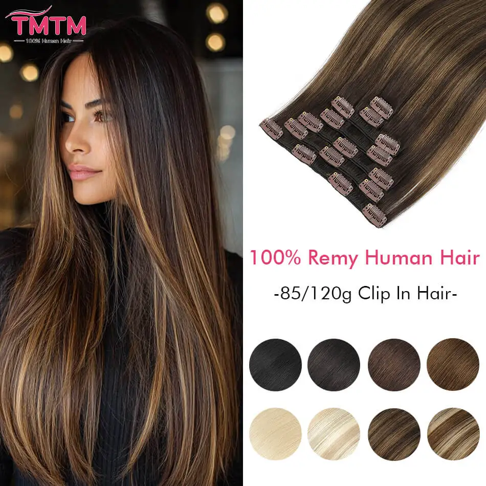 Extensões de Cabelo Humano Liso Brasileiro com Clip, 100% Cabelo Humano, 7 Peças, 16 Clips, com Mechas # T2/2/6 Cabeça Completa