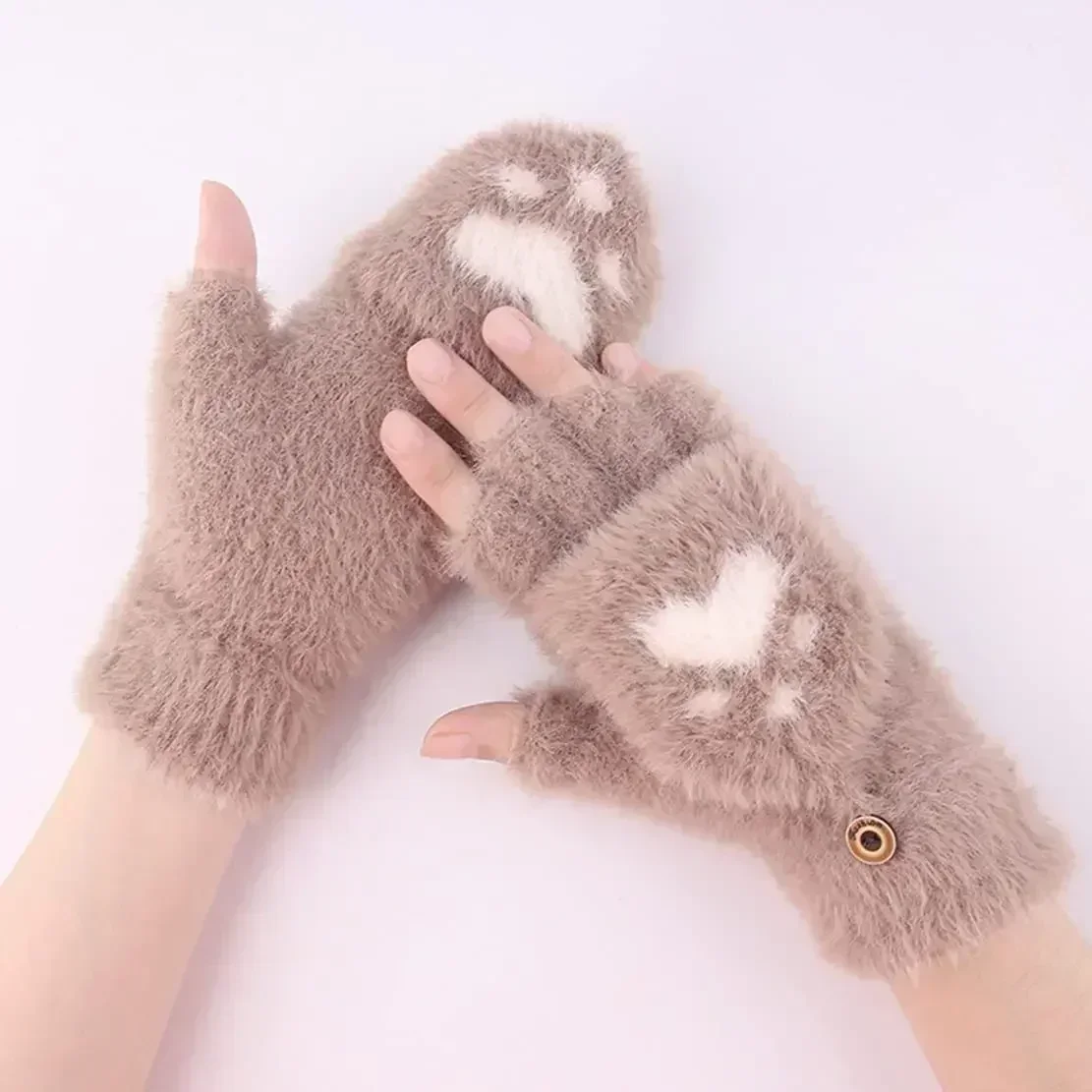 2024 New Cartoon Cat Paw Gloves Fingerless Flip Mittens Winter Warm Fleece Touch Screen Gloves Flip Knit Mittens for Women Girls