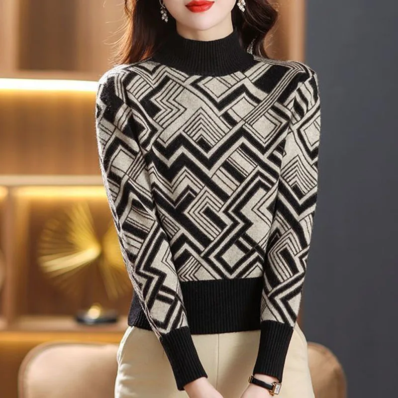 Autumn and Winter Fashion Korean Edition Color Block Jacquard Half High Neck Loose and Versatile Western Women\'s Knitted Sweater