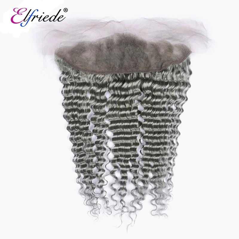 Elfriede #Grey Deep Wave Colored Hair Bundles with Frontal Preplucked 100% Human Hair Weave 3 Bundles with Lace Frontal 13x4