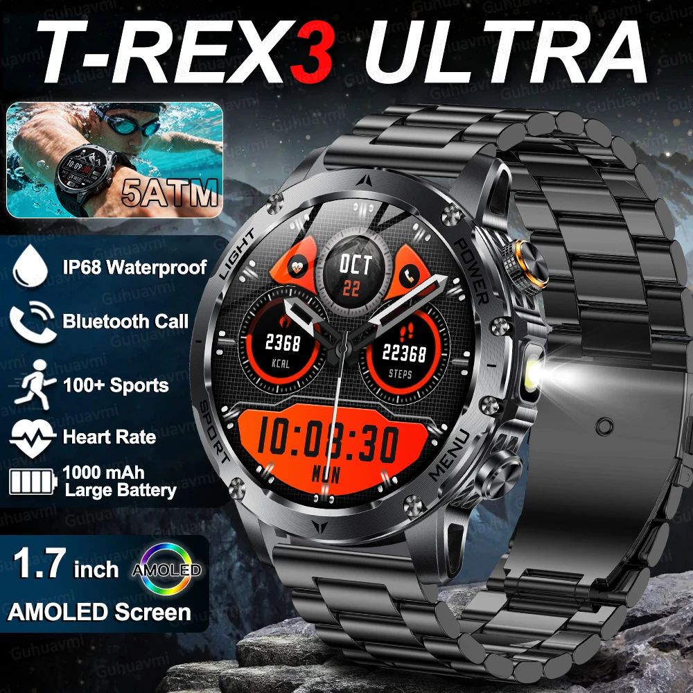 

Новый аккумулятор 1000 мАч 1,7 дюйма HD AMOLED экран Смарт-часы Мужчины Спорт Фитнес Светодиодный фонарик 5ATM Водонепроницаемые умные часы с вызовом 2025