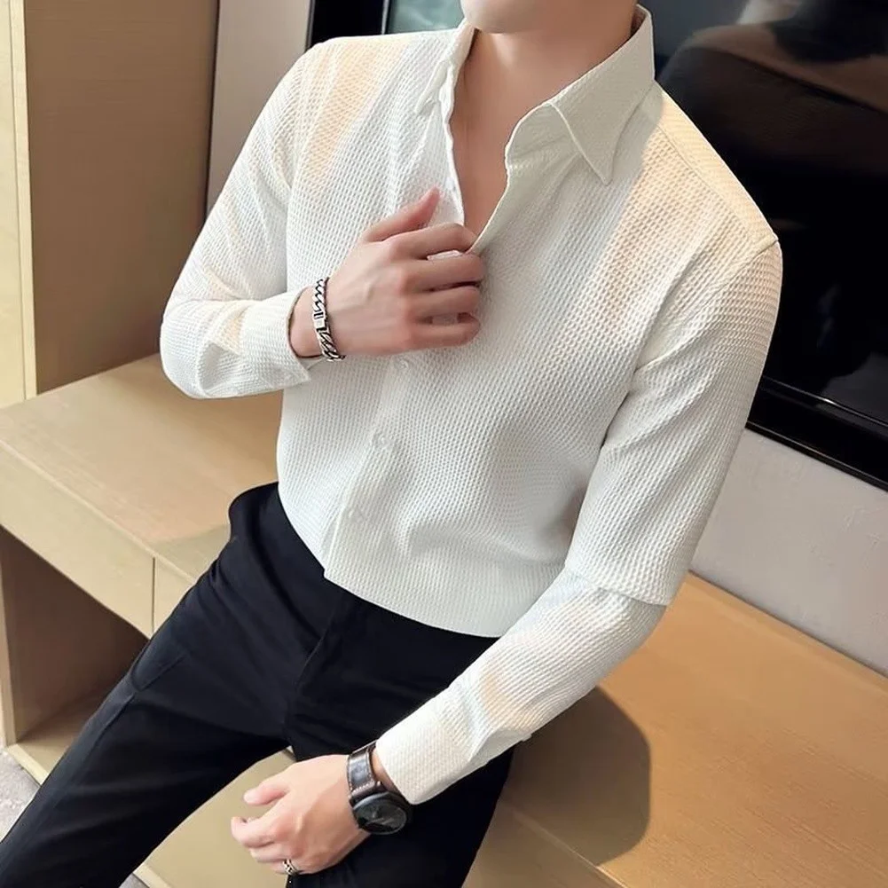 Men Tops Simple Solid Color Waffle Long Sleeve Lapel Collar Shirt Man Autumn Casual Business Shirts Single-breasted