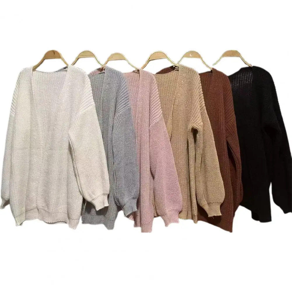 

Women Knitting Cardigan Lantern Long Sleeve Open Front Mid-length Sweater Coat Solid Color Loose Fit Knitting Outerwear