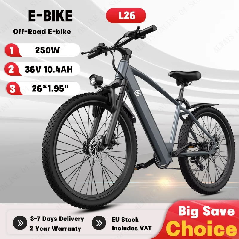 Bicicletta Elettrica da Montagna Fuoristrada per Adulti, Motore 250W, Batteria 36V10.4Ah, Bici Elettrica per Pendolarismo Urbano 26*1.95"