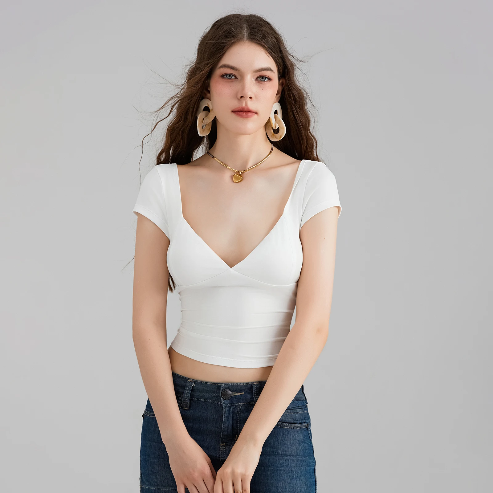 Women Cropped Camis Camisole Fashion Deep V Neck Tops Short Sleeve Summer Crop Top Female Low Cut Solid Slim Fit T-Shirts