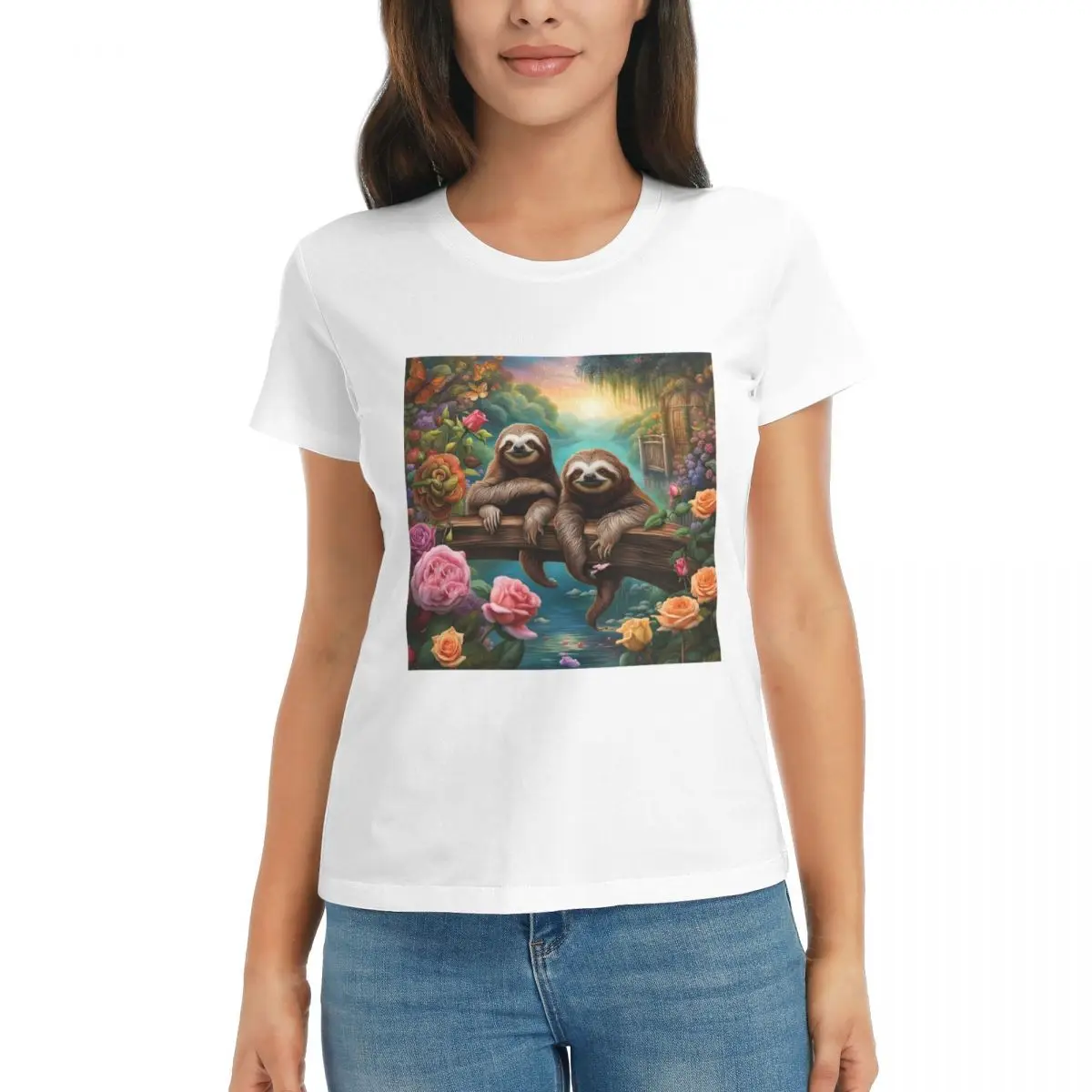 

Women T-Shirt Lovely Sloth Print Summer Short Sleeve Tees Crew Neck Cotton T Shirts Clothes Tops Streetwear